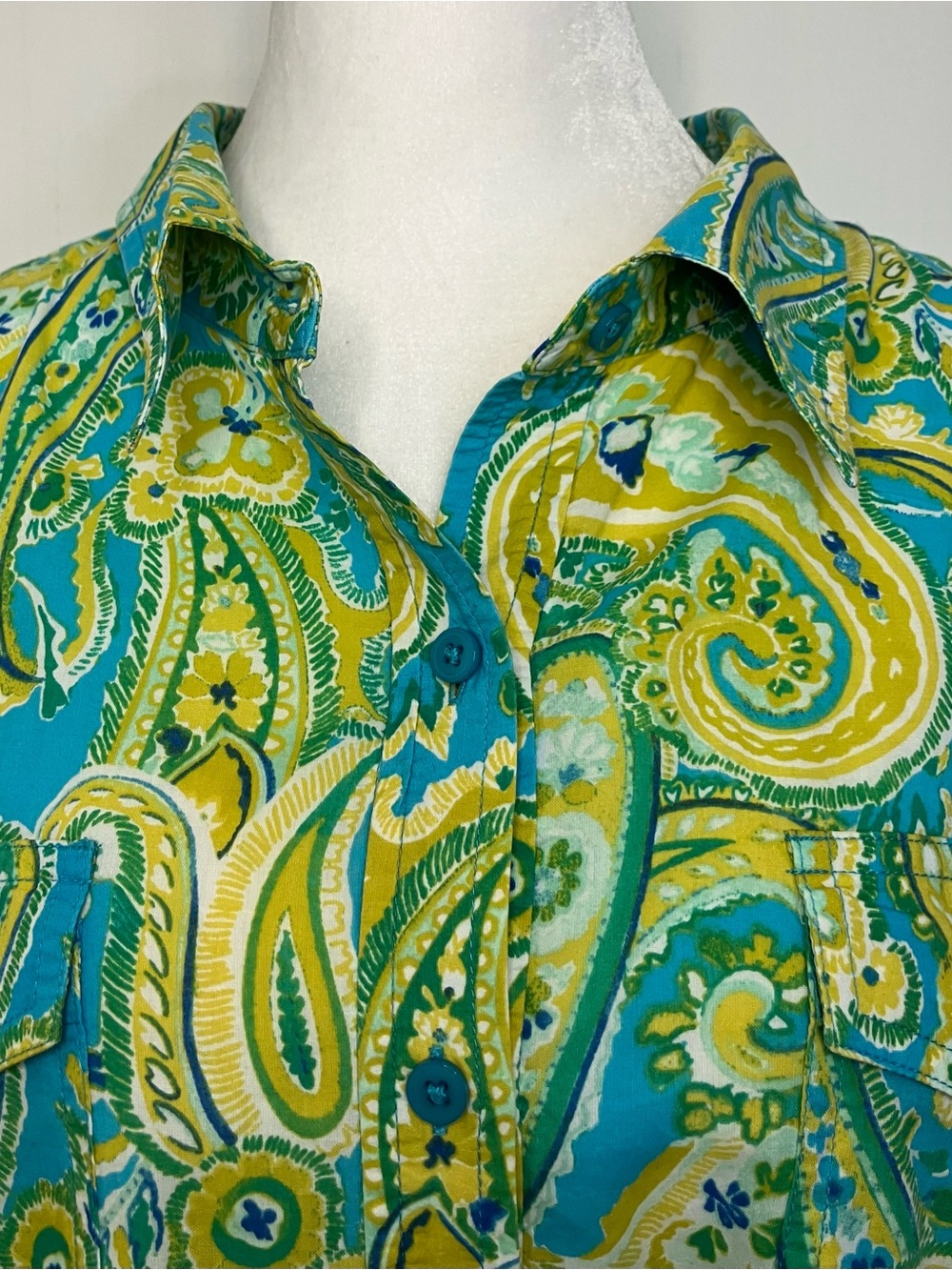 Jones New York Top 3X Blue Green Button Down Paisley Preppy Office Cotton - Picture 7 of 10